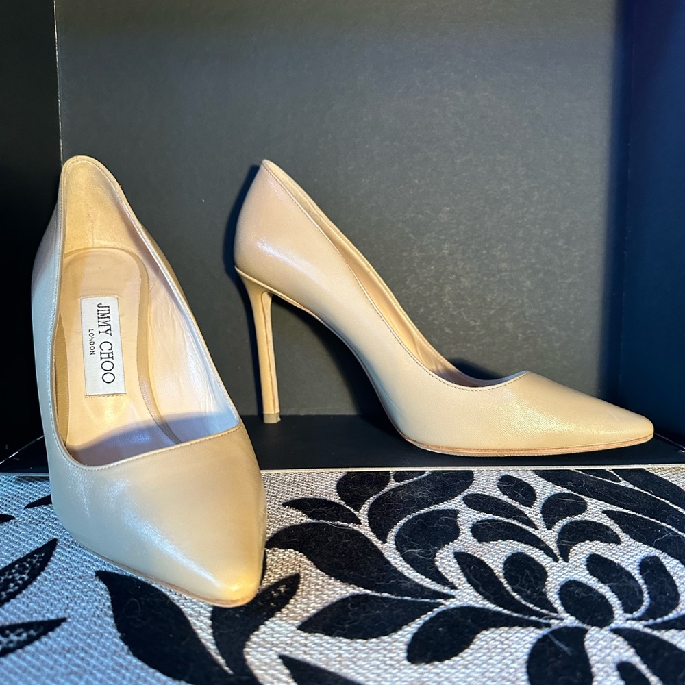 Jimmy Choo Romy 100 Leather Pointed Toe Nude Beige 3” Pumps